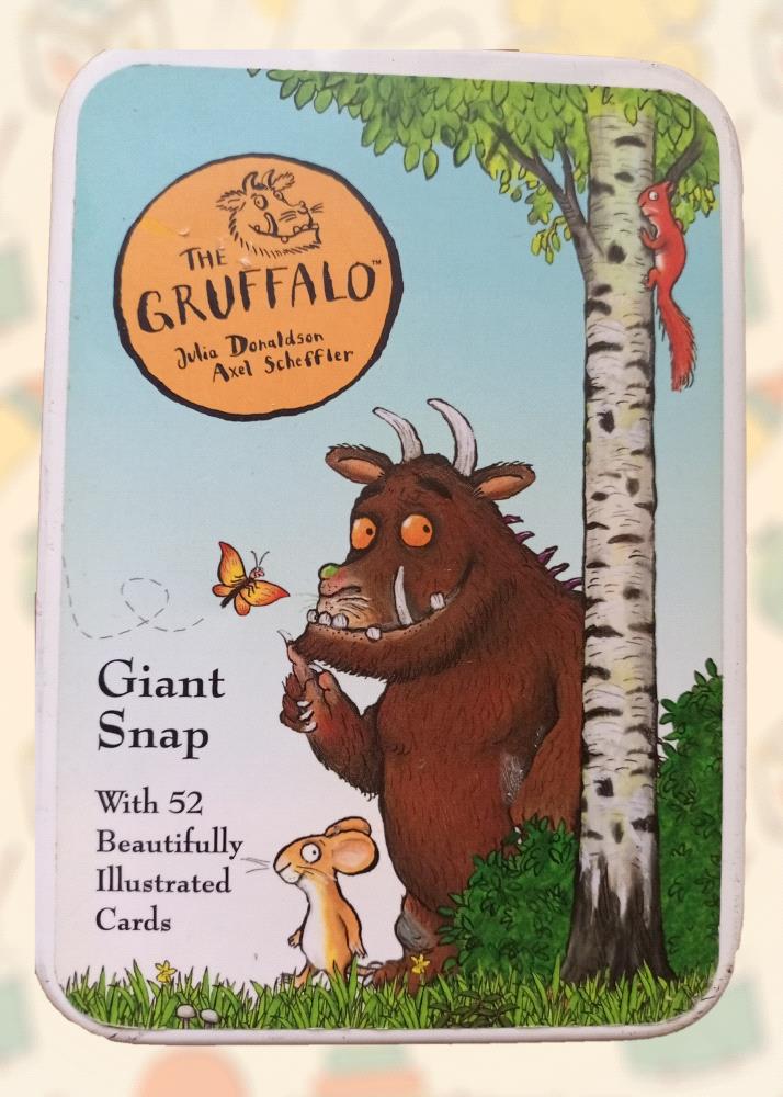 Introduce your child to the magical world of The Gruffalo with this vintage Giant Snap card game. Perfect for imaginative play and family fun, this classic game features beautifully illustrated cards featuring the beloved Gruffalo and his friends. Enjoy hours of entertainment with this complete and well-preserved game.

Order now and let your child embark on a Gruffalo adventure!