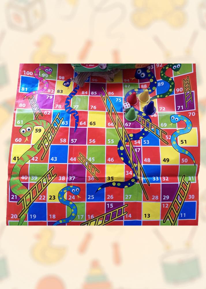 Relive childhood memories with Snakes and Ladders game mat! This classic game is perfect for kids of all ages, providing hours of entertainment both indoors and outdoors. 

This preloved game is in excellent condition and includes everything you need to start playing, including the game mat, oversized play discs, and dice. It is a great way to introduce children to traditional board games and encourage family time.

Dont miss out on this opportunity to own a piece of gaming history! Order your vintage Snakes and Ladders game mat today.