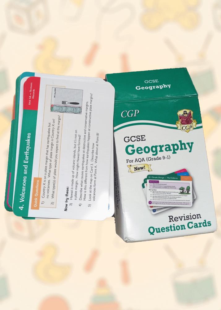 Looking for a fun and educational way to help your child prepare for the GCSE Geography exam? 

These revision cards are perfect! They cover the entire AQA syllabus and are in excellent condition. The cards are complete with all the questions and answers, making them a great resource for independent study. Help your child achieve their full potential with these high-quality revision materials.

Order now and give your child the edge they need to succeed in their GCSE Geography exam!