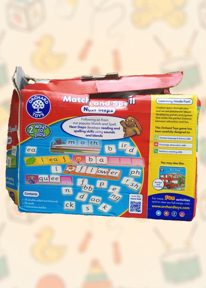 Help your child learn to read and spell with this engaging Orchard Toys Match and Spell Next Steps game. With its colorful illustrations and fun gameplay, children will enjoy developing their reading, spelling, and phonics skills.

Key features:

Two ways to play: Enjoy the game flexibility with two different playing modes.

Develops language and literacy skills: Help your child build essential language and literacy skills through interactive play.

Encourages observation skills: The game promotes observation and critical thinking.

Reinforces matching skills: Improve your child matching abilities in a fun and engaging way.

Dont miss out on this fantastic educational toy!