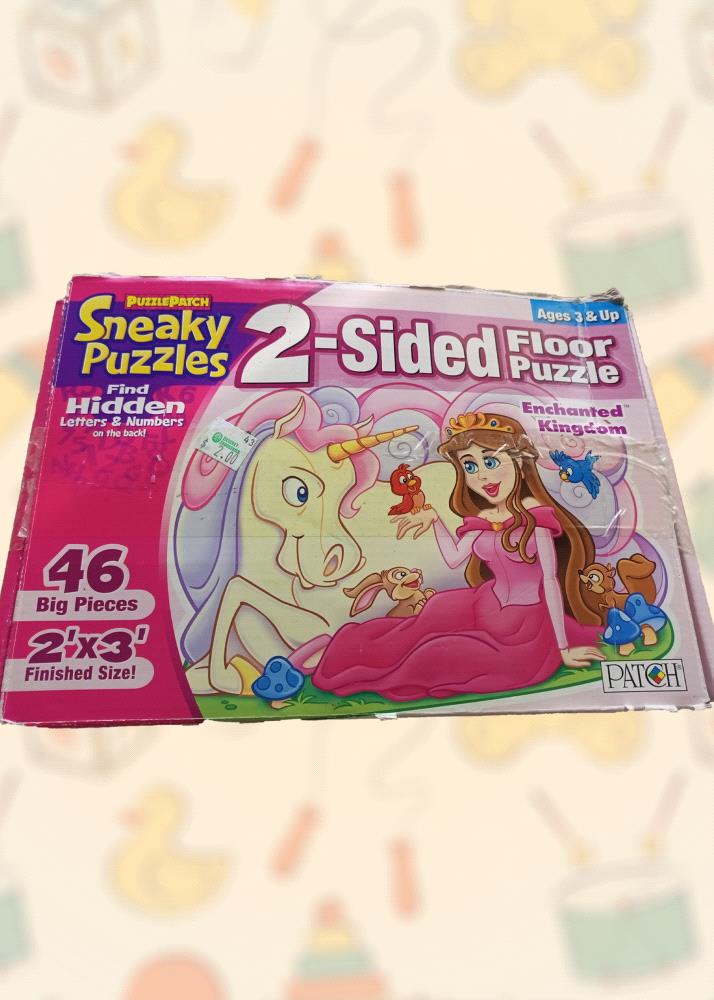 Rediscover the joy of board games with this preloved Sneaky 2-Sided Fu Puzzle Patch. This educational and entertaining game is perfect for ages 3 and up. With 46 large, colorful pieces, children can explore hidden letters and numbers on both sides of the board. This complete set is in excellent condition and offers hours of fun and learning.

Spark your childs imagination and critical thinking skills with this vintage board game. Add the preloved Sneaky 2-Sided Fu Puzzle Patch to your cart today and create lasting memories.