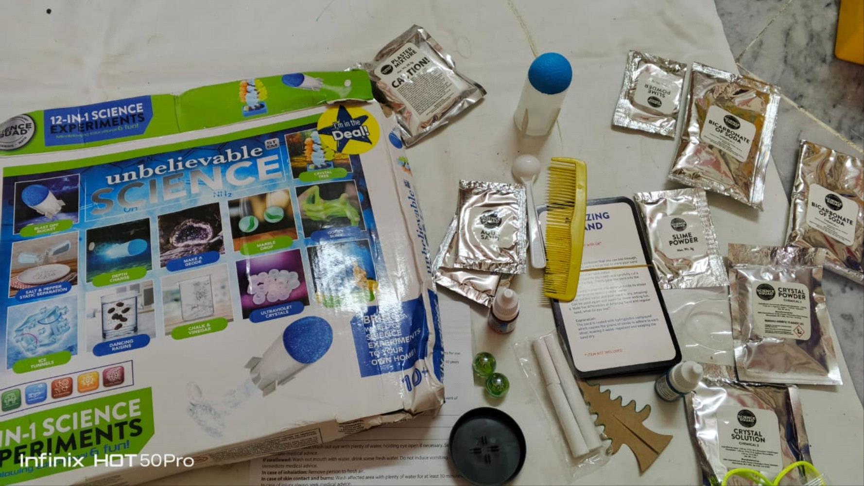 Spark a love for science with this Unbelievable Science kit featuring 12 exciting experiments! This comprehensive set allows young scientists to explore various scientific principles through hands-on activities. Learn about static electricity, create a geode, make ice tunnels, and much more. It is designed to be educational and fun, encouraging curiosity, critical thinking, and a deeper understanding of the world around us. Although preloved, the kit components are packed and complete, ready for new adventures.

Please note that actual product colors and sizes may vary slightly due to screen settings, lighting, and manufacturing processes.

Price: PKR 990