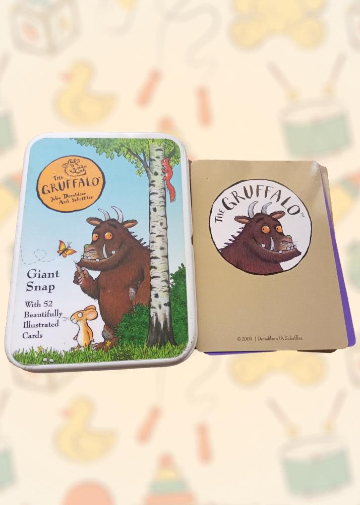 Introduce your child to the magical world of The Gruffalo with this vintage Giant Snap card game. Perfect for imaginative play and family fun, this classic game features beautifully illustrated cards featuring the beloved Gruffalo and his friends. Enjoy hours of entertainment with this complete and well-preserved game.

Order now and let your child embark on a Gruffalo adventure!