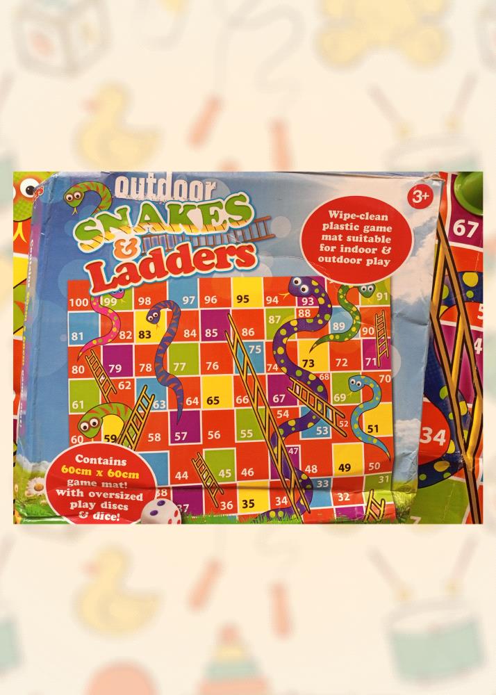 Relive childhood memories with Snakes and Ladders game mat! This classic game is perfect for kids of all ages, providing hours of entertainment both indoors and outdoors. 

This preloved game is in excellent condition and includes everything you need to start playing, including the game mat, oversized play discs, and dice. It is a great way to introduce children to traditional board games and encourage family time.

Dont miss out on this opportunity to own a piece of gaming history! Order your vintage Snakes and Ladders game mat today.