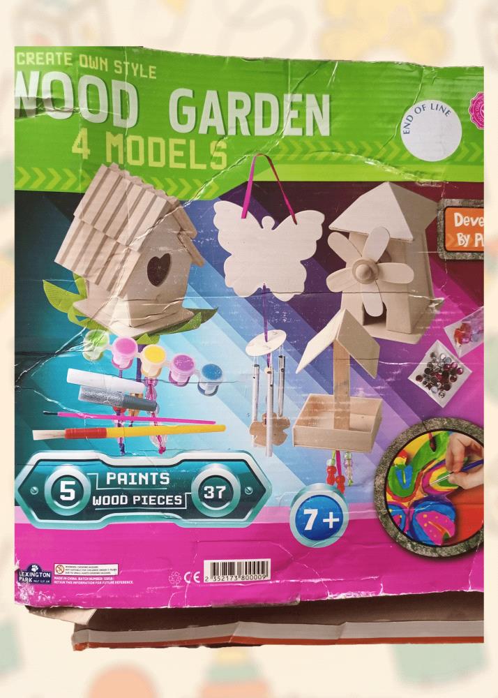 Spark your childs creativity with this enchanting wooden craft kit! Build your own miniature garden filled with whimsical birdhouses, windmills, and more. This preloved set is complete and in excellent condition, offering hours of imaginative play. Paint the pieces with the paints and let your childs unique style shine. A perfect gift for budding artists and nature enthusiasts aged 7 and up.

Unleash your childs creativity today!