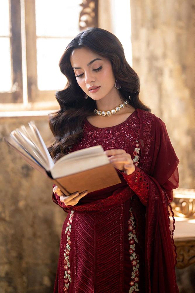 Introducing Ruby Dusk a beautiful three-piece straight shirt from our special Luxury Pret Collection. Made with fine chiffon the set includes a dupatta with elegant sequins embroidery. The front of the shirt is carefully detailed with hand embellishments giving it a unique artistic feel.

Sizes: Small Medium Large and X-Large

Disclaimer:
Please keep in mind that the color of the product may appear slightly different in person due to lighting and screen variations.