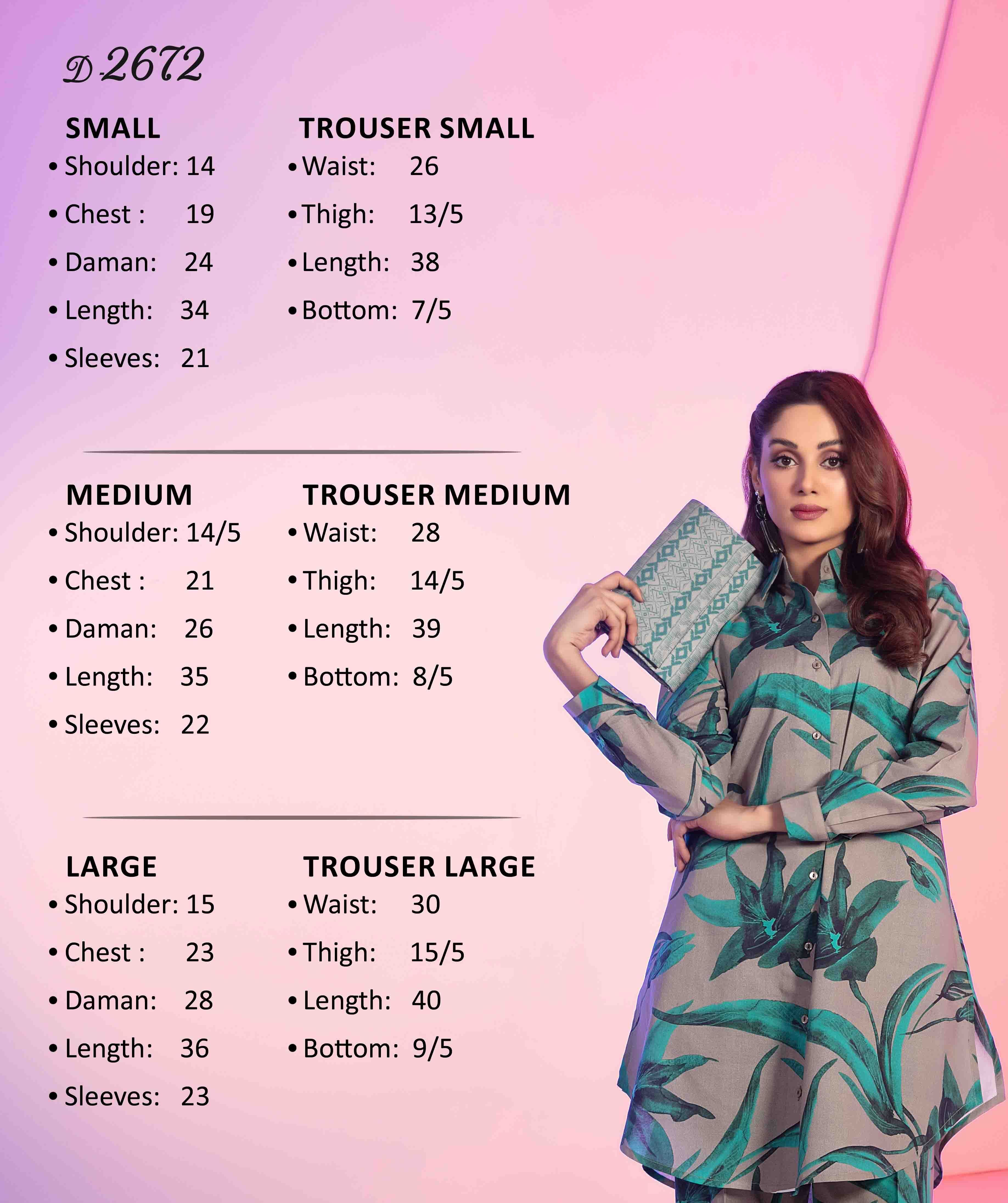 Upgrade your wardrobe with the stunning Luna Pret by Tawakkal Fabrics. This elegant 2-piece collection features a beautifully stitched digital printed lawn shirt, paired with matching digital printed lawn trousers. A complimentary clutch completes the look, making it perfect for any occasion.

Key Features:

Tawakkal Fabrics Luna Pret Eid Collection
2-piece set: Digital printed stitched lawn shirt & digital printed stitched lawn trouser
Includes a complimentary clutch
High-quality lawn fabric

Sizes: Small, Medium & Large

Price: PKR 3600/-

Note: Due to photographic lighting or your device settings, the products actual color may vary slightly.