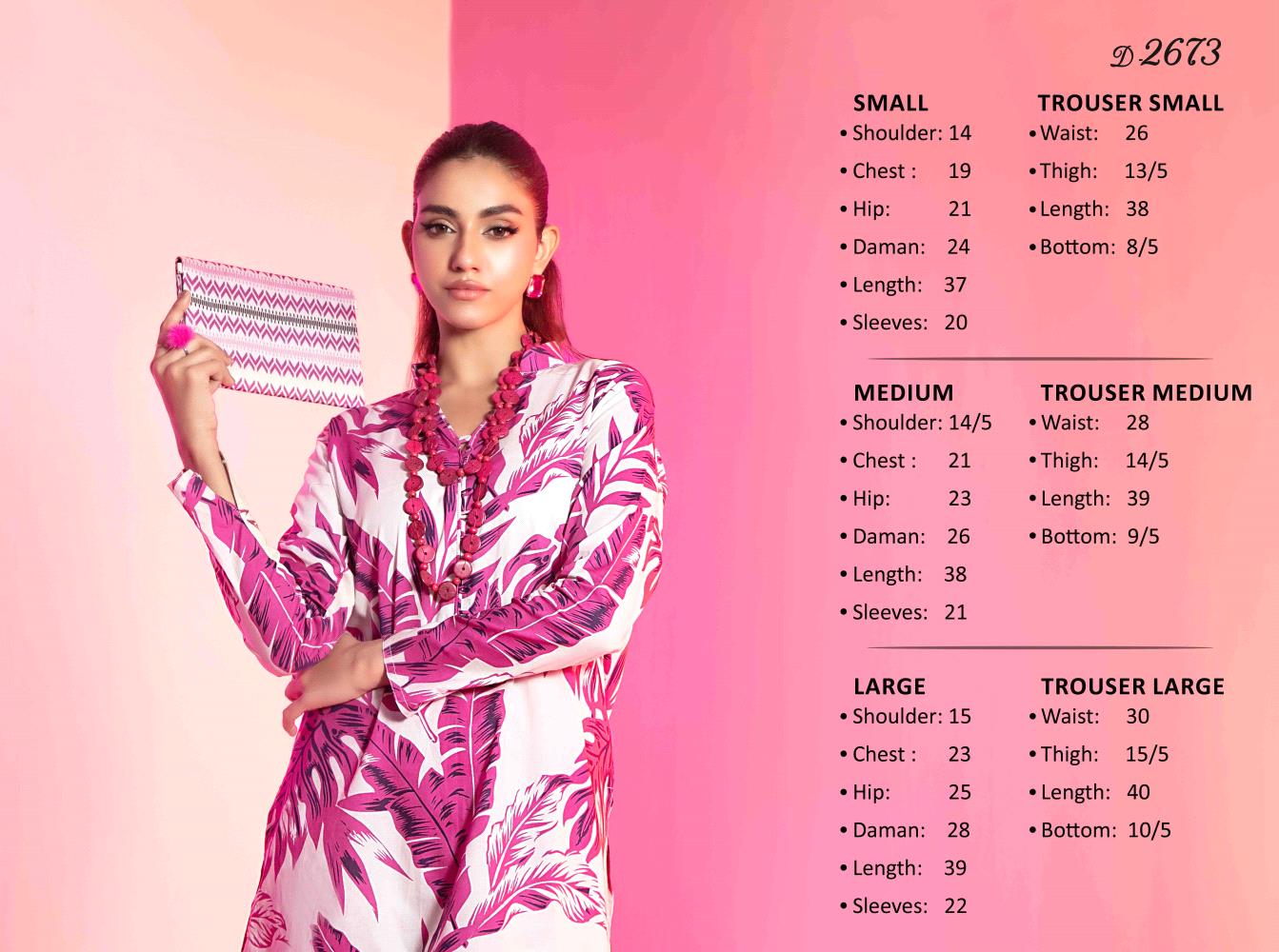 Upgrade your wardrobe with the stunning Luna Pret by Tawakkal Fabrics. This elegant 2-piece collection features a beautifully stitched digital printed lawn shirt, paired with matching digital printed lawn trousers. A complimentary clutch completes the look, making it perfect for any occasion.

Key Features:

Tawakkal Fabrics Luna Pret Eid Collection
2-piece set: Digital printed stitched lawn shirt & digital printed stitched lawn trouser
Includes a complimentary clutch
High-quality lawn fabric

Sizes: Small, Medium & Large

Price: PKR 3600/-

Note: Due to photographic lighting or your device settings, the products actual color may vary slightly.