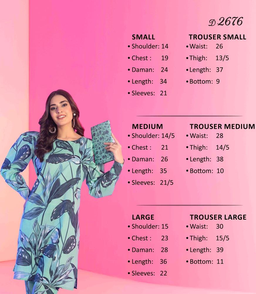 Upgrade your wardrobe with the stunning Luna Pret by Tawakkal Fabrics. This elegant 2-piece collection features a beautifully stitched digital printed lawn shirt, paired with matching digital printed lawn trousers. A complimentary clutch completes the look, making it perfect for any occasion.

Key Features:

Tawakkal Fabrics Luna Pret Eid Collection
2-piece set: Digital printed stitched lawn shirt & digital printed stitched lawn trouser
Includes a complimentary clutch
High-quality lawn fabric

Sizes: Small, Medium & Large

Price: PKR 3600/-

Note: Due to photographic lighting or your device settings, the products actual color may vary slightly.